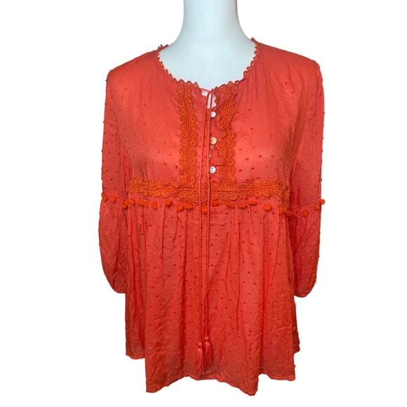 Sacred Threads Coral Tassel & Pom-Pom Dot Tunic Top Size Small - Picture 2 of 9